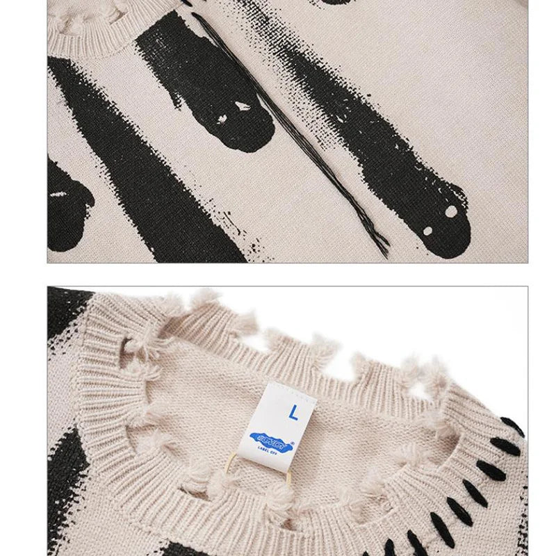 Hip Hop Sweaters Men Streetwear Y2K Grunge Ripped Ghost Punk Gothic Knitted Jumpers Autumn Harajuku Casual Pullover Sweaters Street King Limited