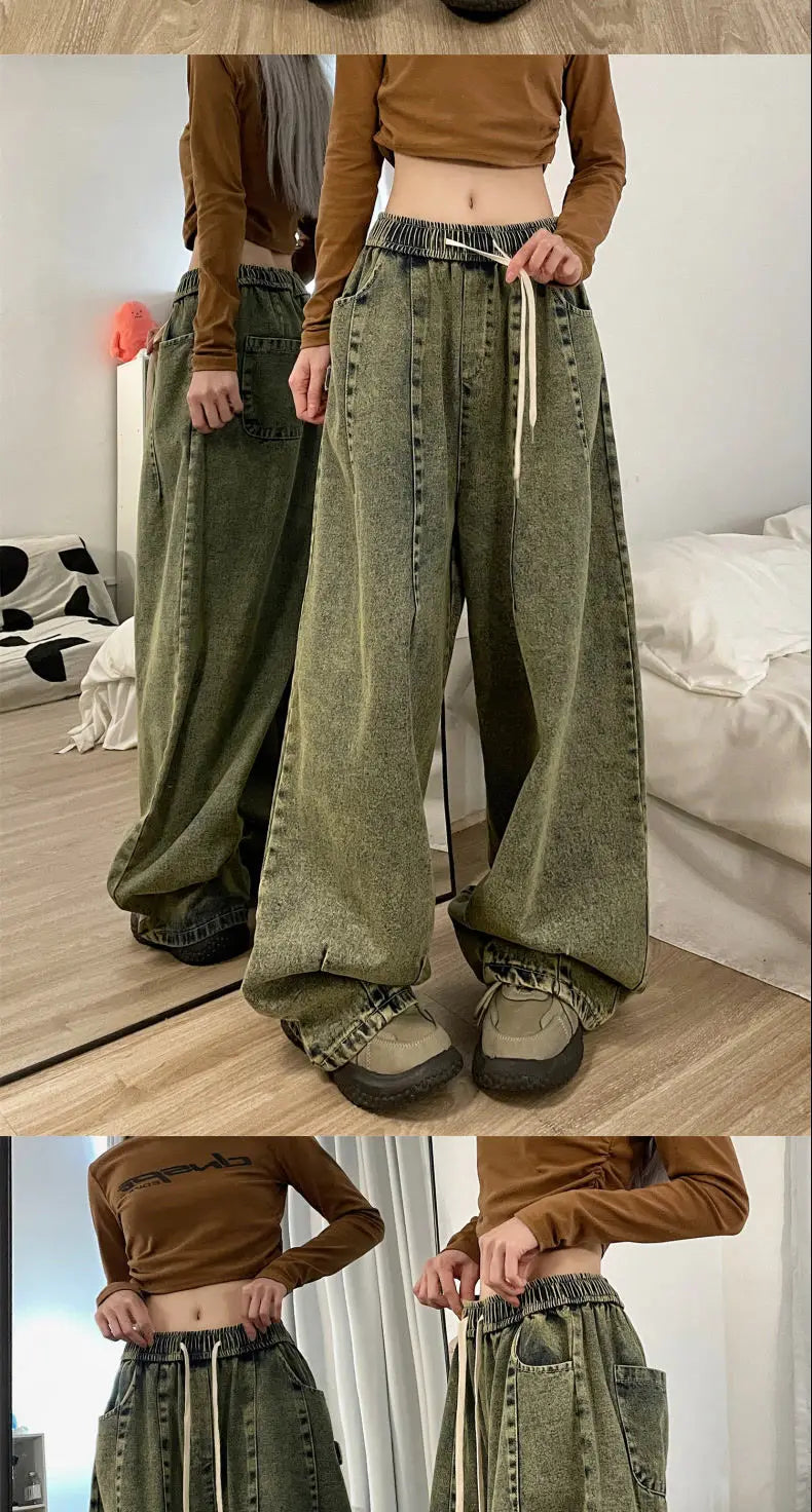 american retro trend personalized elastic band straight leg jeans for men and women loose and wide leg floor length casual pants unique jeans style 4540