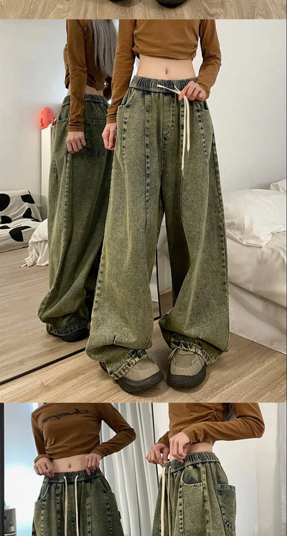 american retro trend personalized elastic band straight leg jeans for men and women loose and wide leg floor length casual pants unique jeans style 4540