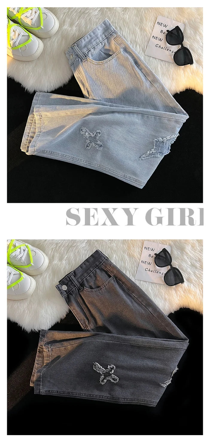 Korean Street Style Retro Pants Raw Edge Cross Jeans Design Y2K Personality Men and Women Niche Hip-hop Loose Sports Jeans Street King Limited