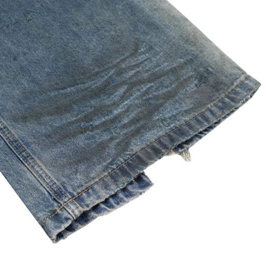 mens baggy jeans blue distressed ripped loose denim pants streetwear oversized hip hop jeans trousers stacked flare jeans