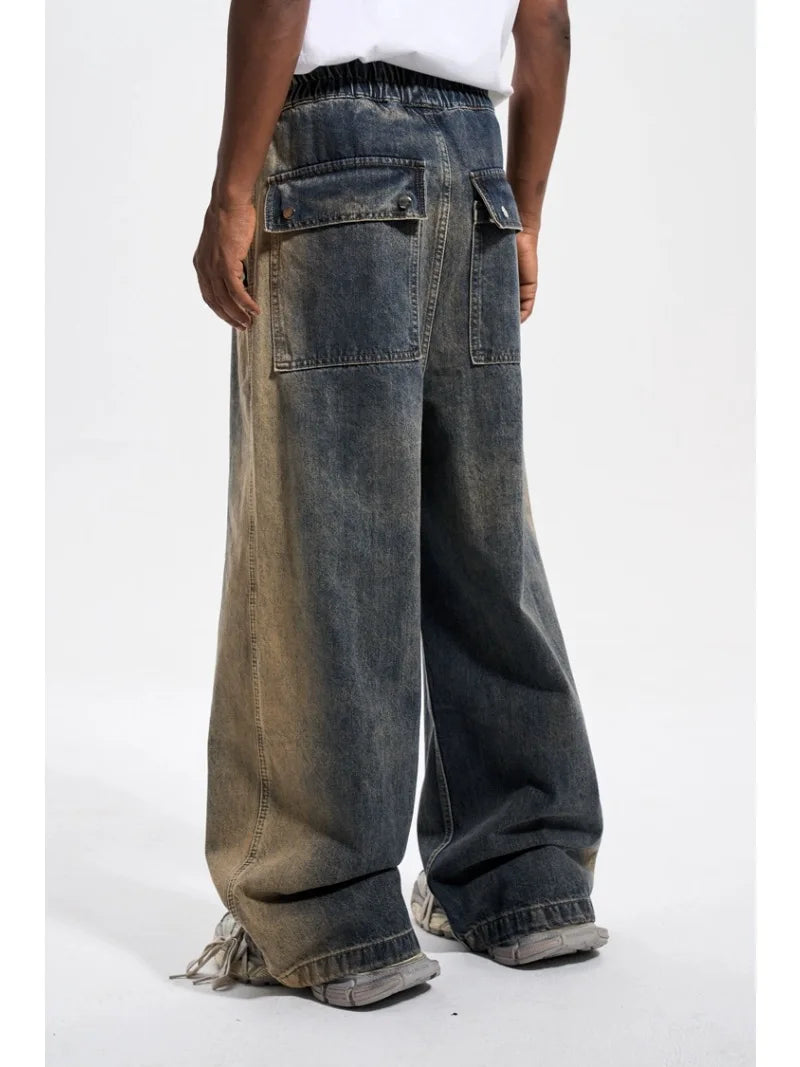 mens high street loose denim jeans casual straight retro washed jeans hip hop streetwear casual wide legs joggers baggy jeans streetwear sweatpants