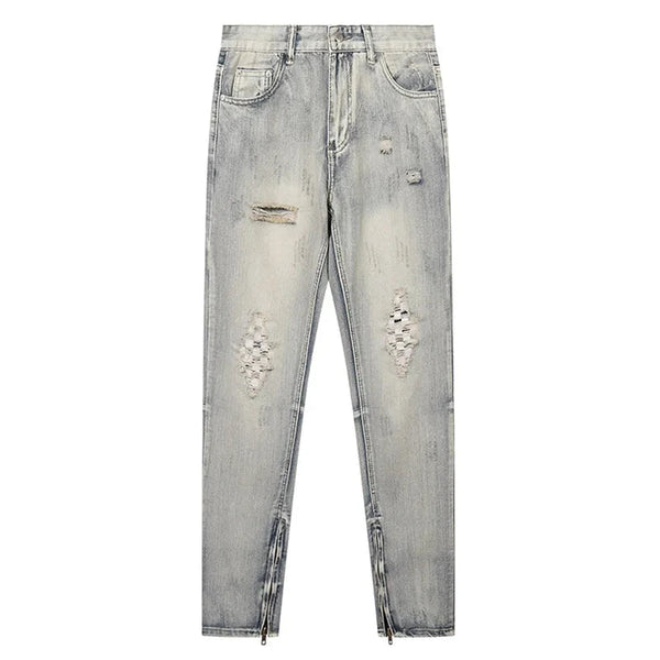 Men Jeans American Street Checkerboard Ripped Denim Pants Y2k Casual Versatile Straight Leg Trousers Hip Hop Bottoms Street King Limited