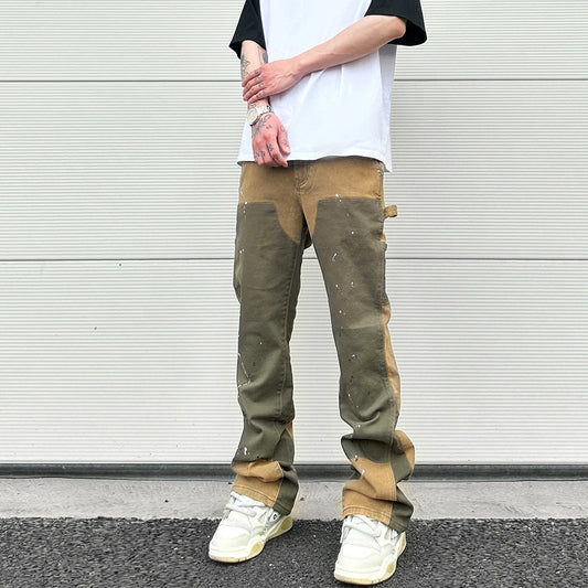 vintage speckle ink flared jeans streetwear fashion mens colorblocked slim jean pants hip hop washed logging jeans for male ripped baggy denim