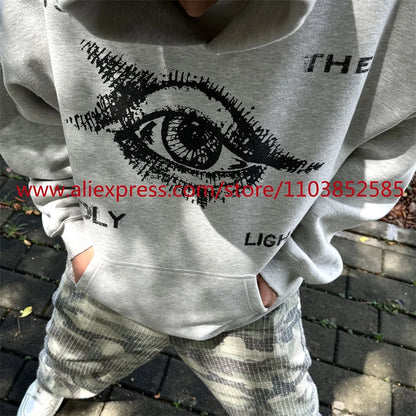New 2024 Autumn/Winter Vintage Heavy American Hoodie Men's Long Sleeve High Quality Tops High Street Eye Print Casual Fashion Street King Limited