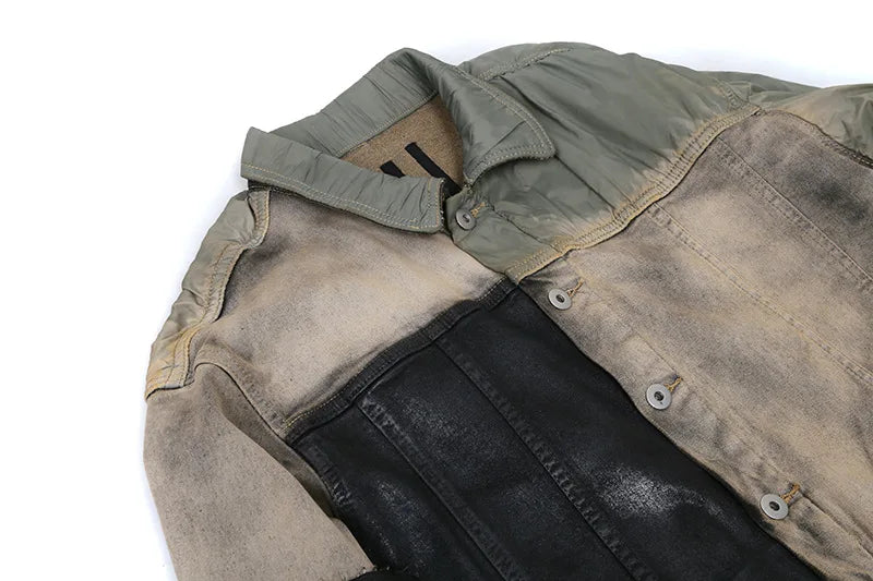 new 2023 gentleman men rick patchworked waxed deconstructed denim heavy baseball coats jackets abstract digital coat warm 719 urban skinny jeans