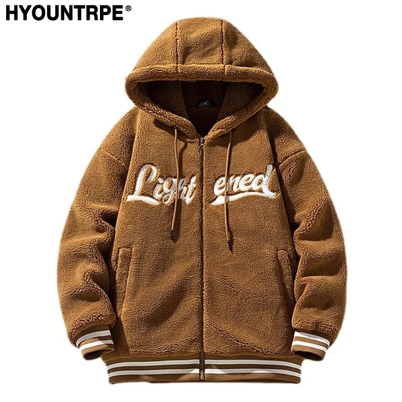 men fleece jackets and coats casual letter embroidery hairy zipper hooded outerwear warm streetwear parkas loose bomber jacket urban fashion pants