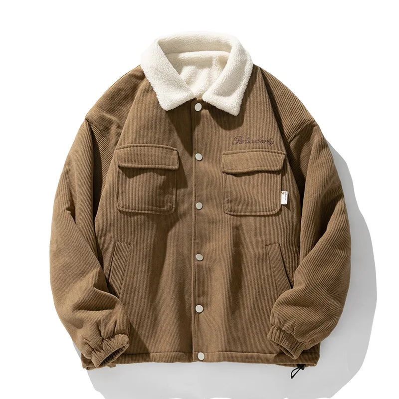fashion men lamb fleece polo collar cotton padded coat winter embroidery loose thicken warm corduroy wadded jacket male outwear clean everyday pants