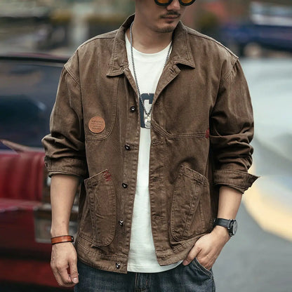 american retro workwear jacket for boys loose spring and autumn high street japanese style khaki casual trendy denim jacket tops unique jeans style 4877