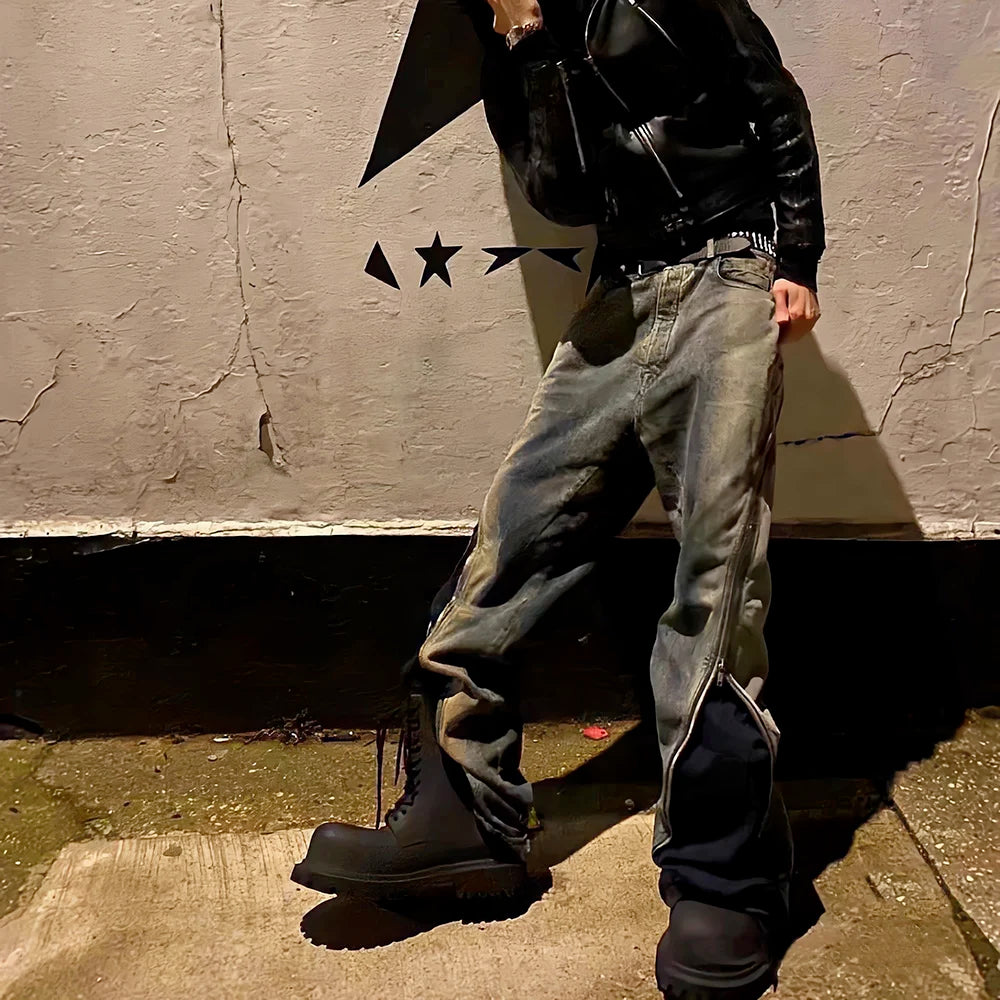 Ro Style Gradient Blue Horn Stacked Floor Dragging Jeans Unisex Streetwear Baggy Y2K Ribbons Zipper Denim Trousers Oversized Street King Limited