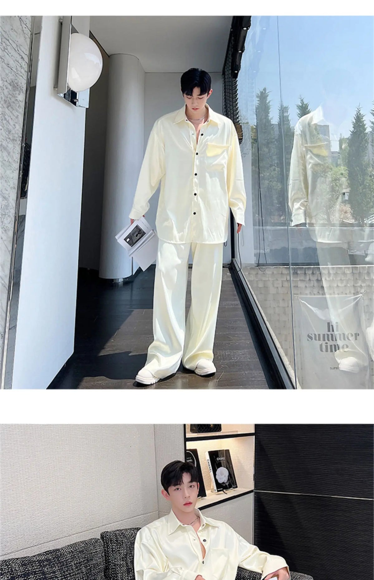 men silk style streetwear fashion loose casual long sleeve shirts pants 2 pieces sets male vintage suits blouses trousers unique default style 2753
