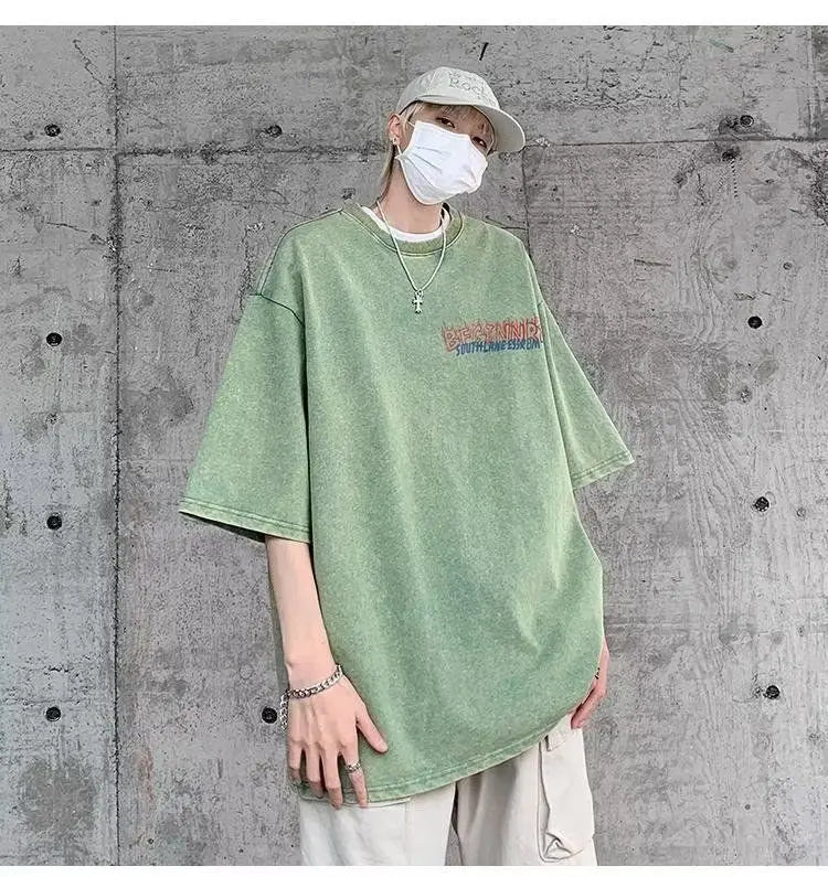 Short-sleeved T-shirt men's summer new style washed and distressed American retro handsome thin loose heavy cotton T-shirt tops Street King Limited