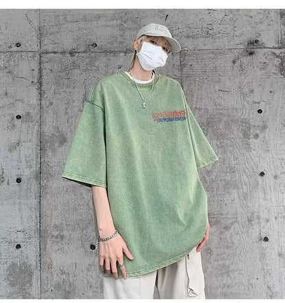 Short-sleeved T-shirt men's summer new style washed and distressed American retro handsome thin loose heavy cotton T-shirt tops Street King Limited