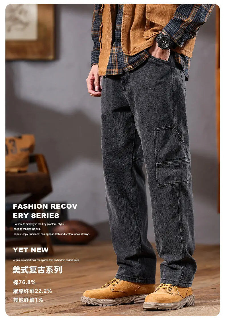 men retro fashion streetwear loose casual plus size straight denim cargo jeans pants man black gray jeans trousers unique cargo style 1842