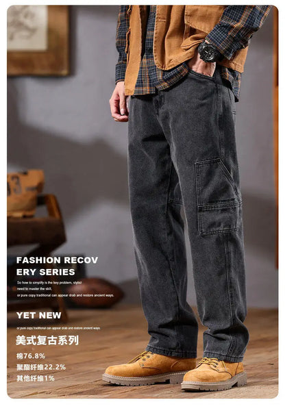 men retro fashion streetwear loose casual plus size straight denim cargo jeans pants man black gray jeans trousers unique cargo style 1842