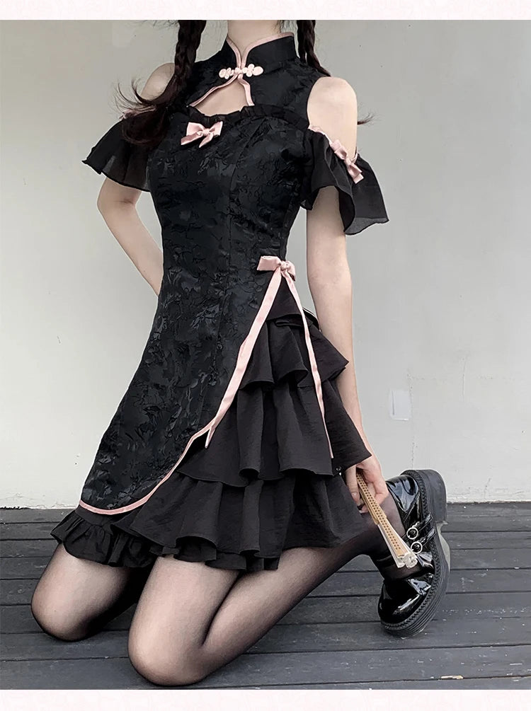 Vintage Chinese Style Cheongsam High Split Mini Dress 2024 Tie Dye Gothic Women Aesthetic Bandage Dresses Y2k Sexy Bodycon Robe Street King Limited