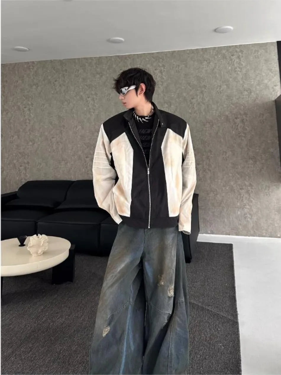 street american color block mens jacket 2024 new autumn zipper patchwork shoulder pads racing coats motorcycle windbreaker unique default style 3219