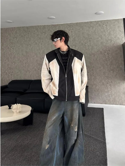street american color block mens jacket 2024 new autumn zipper patchwork shoulder pads racing coats motorcycle windbreaker unique default style 3219