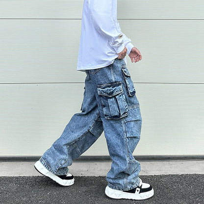 fashion loose streetwear cargo denim jeans unisex casual multi pocket wide legs jean pants hip hop joggers mens baggy jeans unique joggers style 1954