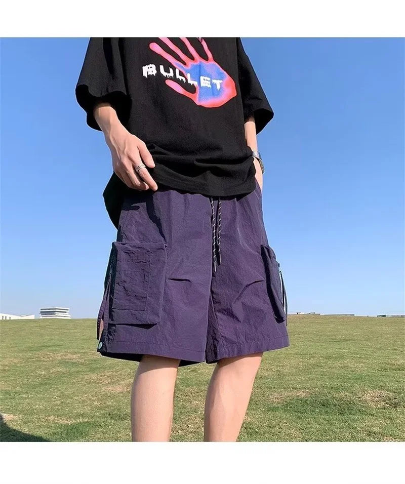 summer casual purple cargo shorts men high street drawstring pocket baggy short sweatpants y2k hip hop bermudas homme shorts unique joggers style 163