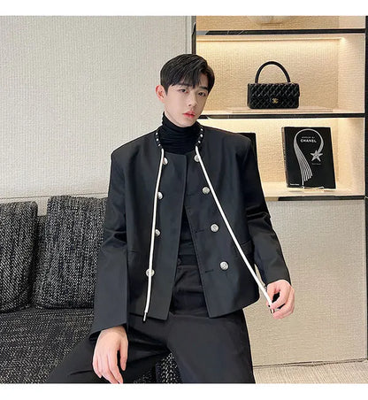men double breasted drawstring collar loose casual fashion short jacket male korean streetwear vintage coat man unique shorts style 374
