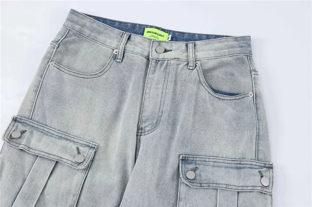2024 multi pocket jeans vintage mens harajuku cargo denim pants retro hip hop straight loose jean pants unique cargo style 1012