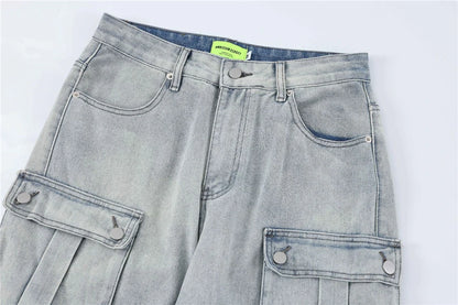 2024 multi pocket jeans vintage mens harajuku cargo denim pants retro hip hop straight loose jean pants unique cargo style 1012