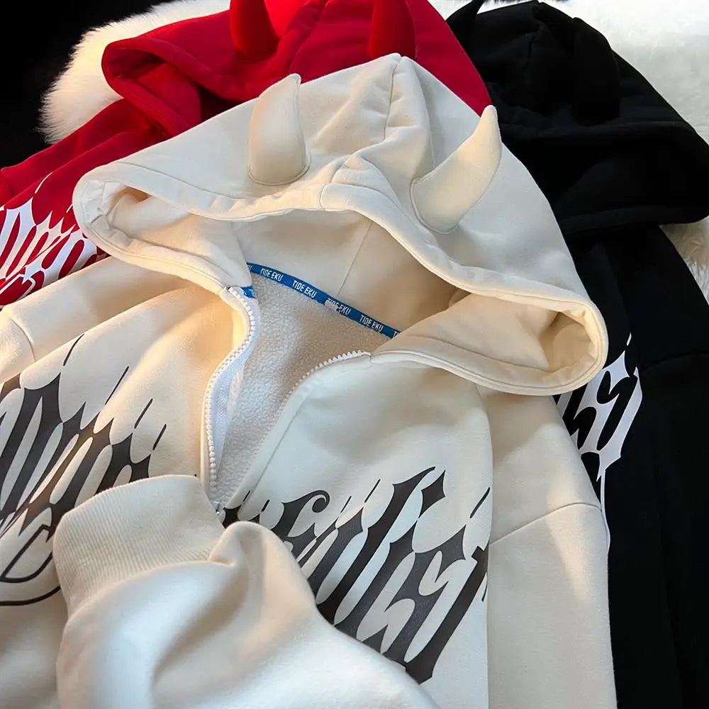 Y2K Kawaii Devil Horn Tail Hip Hop Badge Print Hoodies Cardigan Couples Street Loose Casual Zip Up Sweatshirt Harajuku Clothes Street King Limited