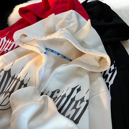 Y2K Kawaii Devil Horn Tail Hip Hop Badge Print Hoodies Cardigan Couples Street Loose Casual Zip Up Sweatshirt Harajuku Clothes Street King Limited