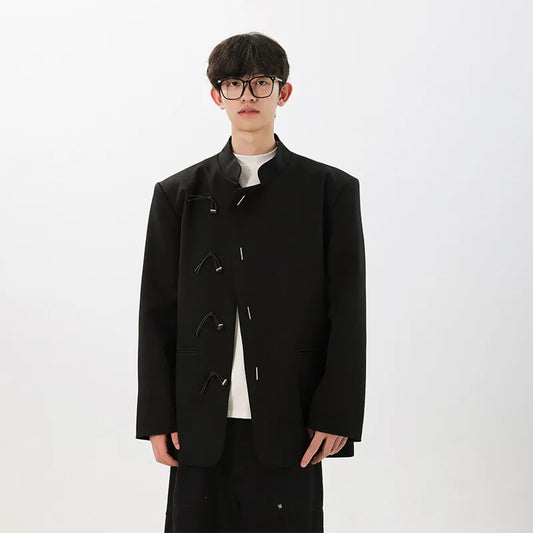 men fashion streetwear vintage stand collar loose casual black suit blazer jacket couple spring autumn coat outerwear clean everyday pants