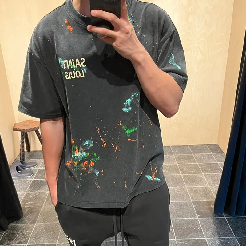 2024ss Saint Louis T-shirts Men Woman Good Quality Cotton Loose Wash White Nightmare Debris Printing Top Tees Street King Limited