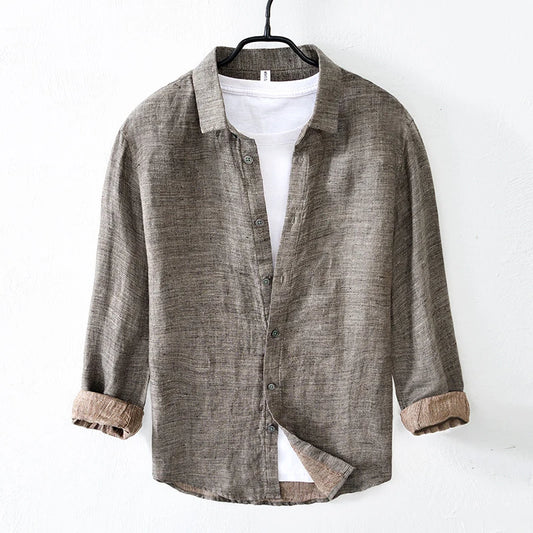 Vintage Linen Shirt Men Spring Autumn New Khaki Lapel Loose Long Sleeve Shirt Retro Casual Solid Breathable Cardigan Top Tees Street King Limited