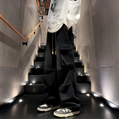 Washed Distressed Cargo Pants High Street Style Men's Jeans Side Pockets Denim Wide-leg Trousers Casual Loose Trousers Street King Limited
