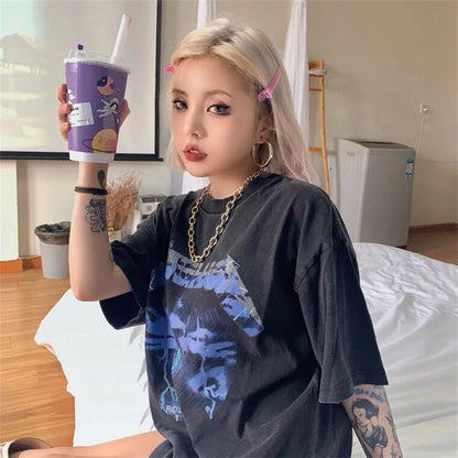 Summer Vintage High Street Wash Lightning Print T-shirt Vintage Heavy Metal Rock Band Short Sleeve Japanese Street Pure Cotton Street King Limited