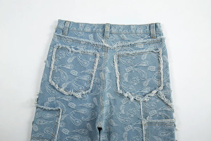 y2k frayed urban cashew flower full print patchwork baggy flare jeans for men straight pantalones hombre oversize denim trousers unique jeans style 3513