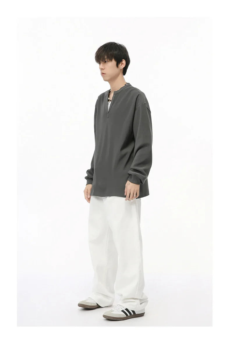 Men's  V-neck Long Sleeve T-Shirt Tops Clothing Autumn Korean Style Lazy Simple Solid Color Casual Pullover Bottoming Shirt Street King Limited
