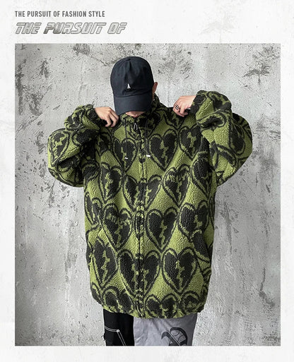 winter lambswool coat men casual streetwear grimace print parka hip hop grain fleece coat loose college warm outwear unisex new unique default style 4959