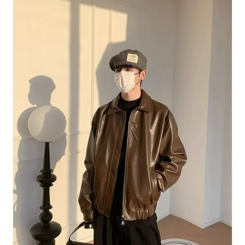 new retro short pu leather jacket mens brown japanese hip hop bomber coats motorcycle punk trend windbreaker y2k streetwear techwear shorts