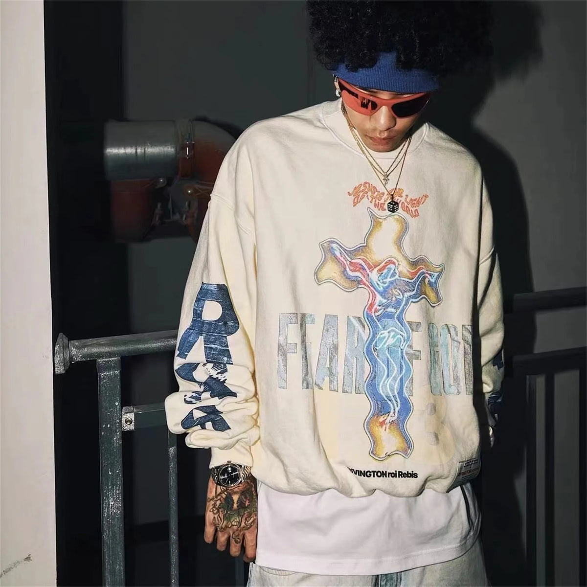 RRR123 Brand FASHION Jerry Same High-Street Print Gospel Cross Cotton Casual Long-Sleeved Roundneck Sweatshirt Pullover Street King Limited