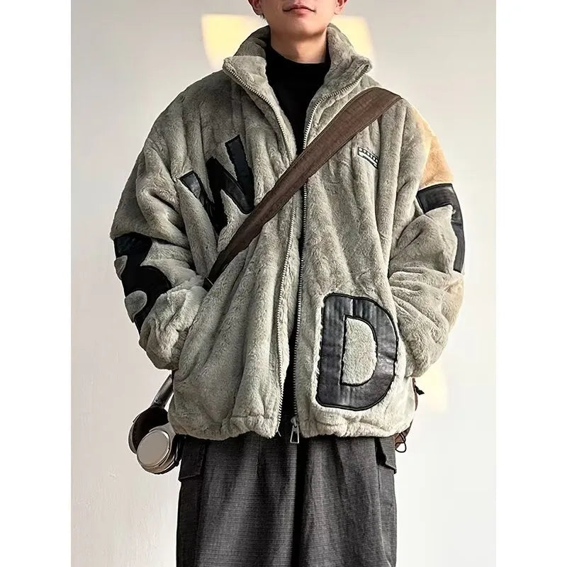 Street Lamb Wool Jacket Mens 2024 Winter Stand Collar Letter Patchwork College Parkas Fleece Warm New Thickening Couple Coats Street King Limited