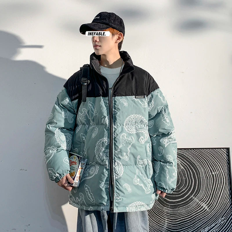 Men Japanese Streetwear Puffer Jackets 2023 Winter Mens Full Print Fashions Bubble Coat Couple Patchwork Thick Parkas Street King Limited