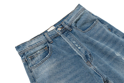 Burn Damaged Mud Dyed Washed Blue Micro Flared Jeans for Men Hip Hop Hole Distressed Baggy Denim Trousers Oversiozed Cargos Street King Limited
