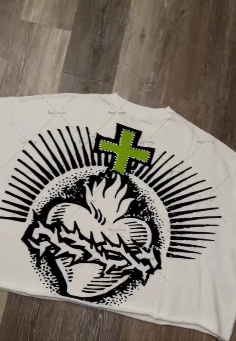 Gothic Punk Style Graphic T-shirt Harajuku Retro High Street Cross Print Top Men Hip-hop Cotton Casual Loose Trend Streetwear Street King Limited