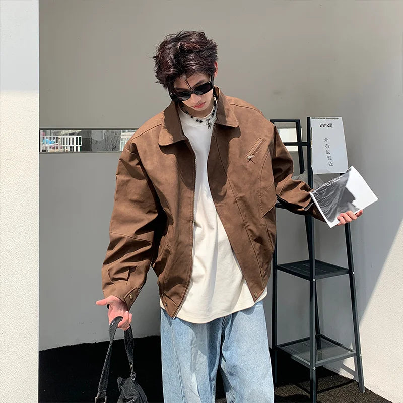 mens autumn lapel zipper short jacket hip hop turn down collar casual solid color bomber short jacket coats unisex streetwear relaxed fit shorts