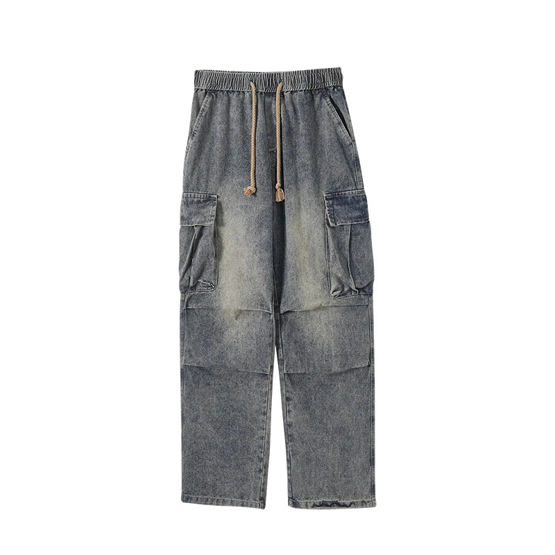 Washed Distressed Cargo Pants High Street Style Men's Jeans Side Pockets Denim Wide-leg Trousers Casual Loose Trousers Street King Limited
