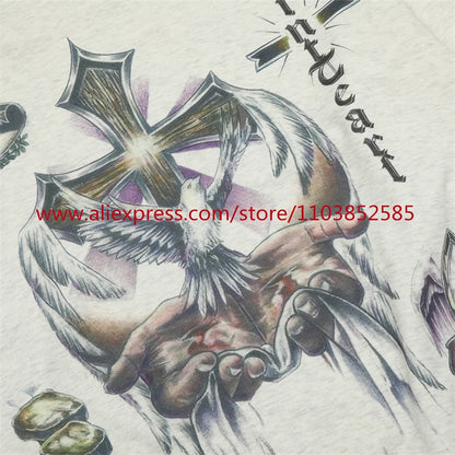 2024s Vintage Hoodie Sweatshirt Autumn/Winter High Street High Quality Cartoon Cross White Pigeon Print Oversize Tops Casual Street King Limited
