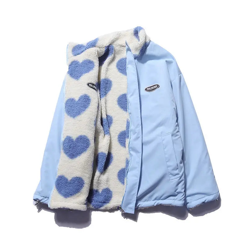 2024 autumn and winter new love lambswool cotton padded jacket double sided collar jacket couple loose jacket warm jacket y2k unique default style 4226