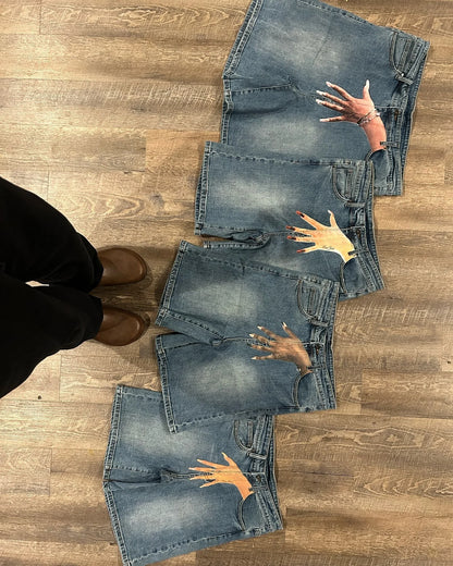 retro trendy pattern letter print oversized jeans shorts womens y2k fashion harajuku loose high waisted sweatpants couple style unique joggers style 1561