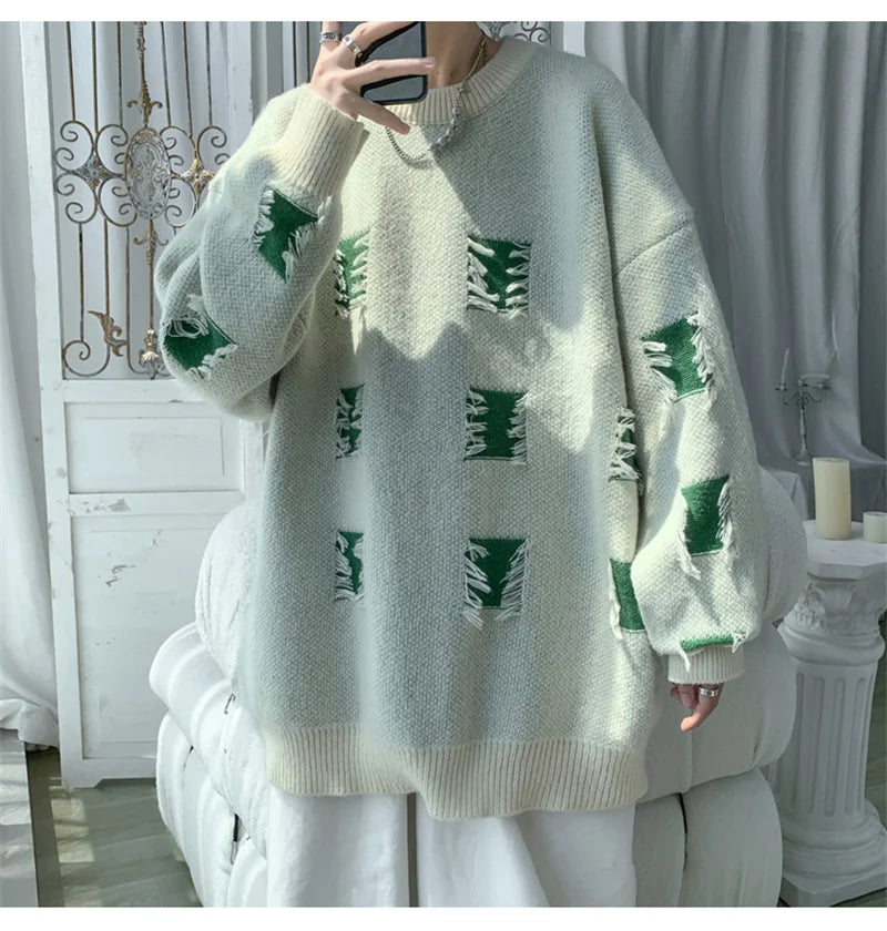 2025 New Ripped Design Crewneck Sweater For Men High Street Patchwork Knitted Jumpers Y2K Vintage Christmas Knitwear Pullovers Street King Limited