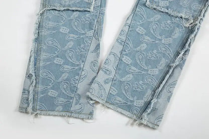 vintage high street washed light blue flared jeans cashew flower jacquard pattern rough edge jeans pants for men and women unique jeans style 936